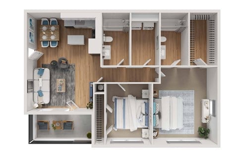 Floor plan for 2 beds, 2 baths, 985 sqft